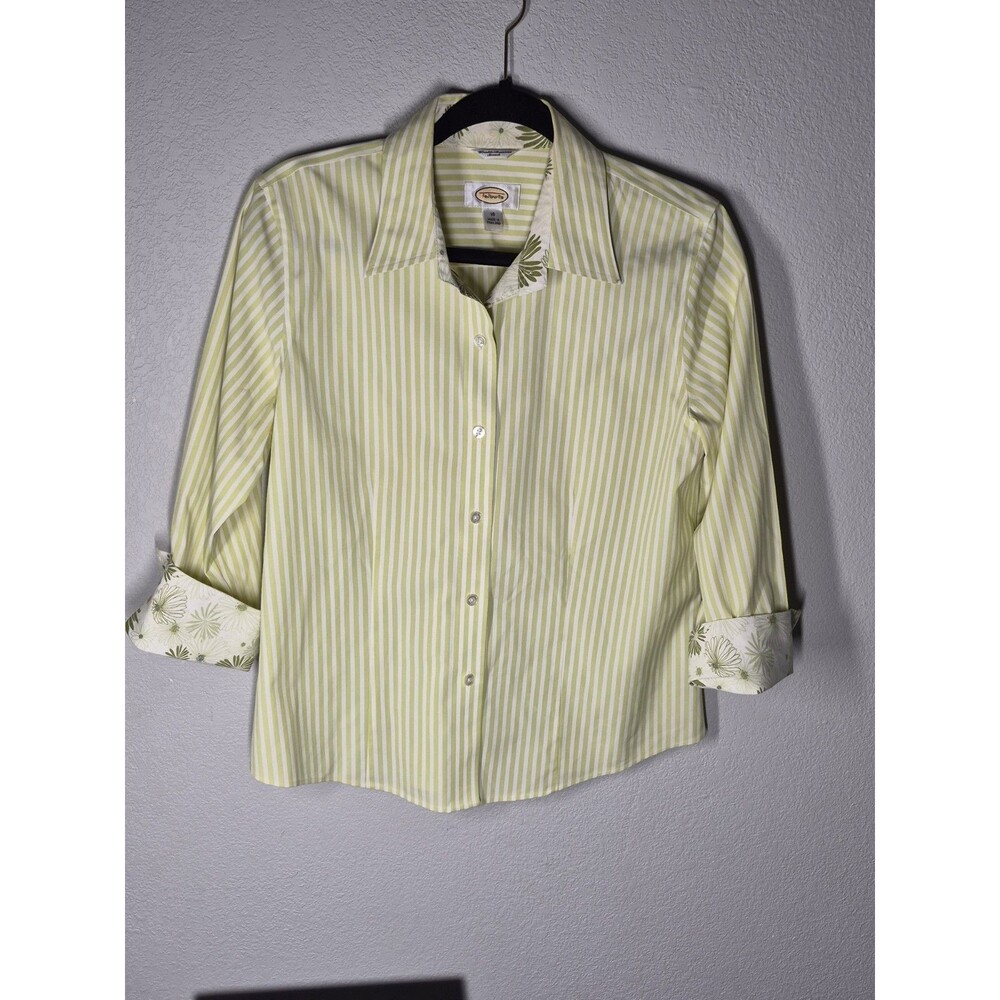Vintage Y2K Talbots Green Striped Button Up Shirt Womens 10 Wrinkle Resistant